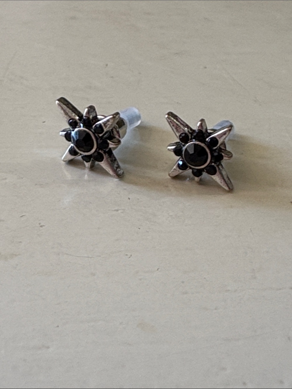 Goth Silver Tone Sparkle Beam Stud Earrings with Black Rhinestones
